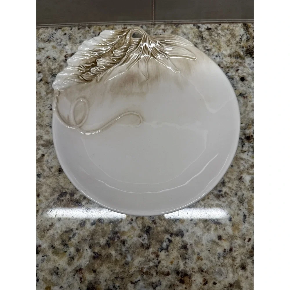 Fitz and Floyd Carrington Salad Plate Cream Taupe Embossed Leaf Ribbon Ceramic